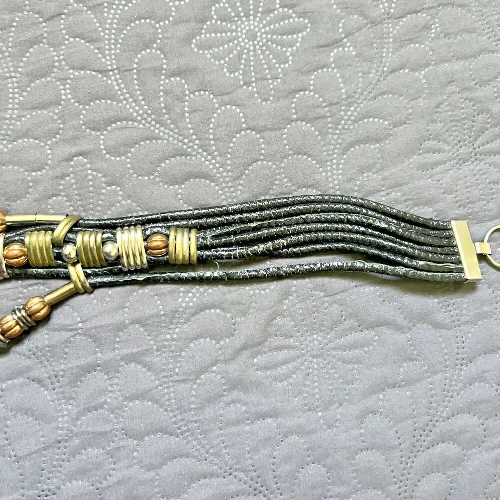 Vintage Boho Multi Strand Leather Belt Bronze Beaded Statement Festival Waist